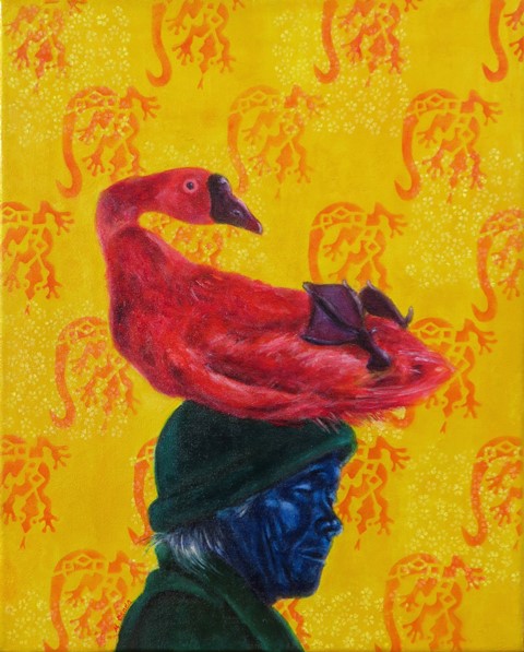 "Chinese woman with geckos", mixed media on canvas, 20" x 16", 2015