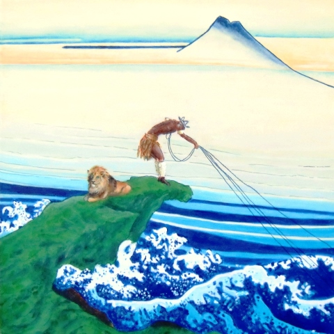 "Hokusai South African style II", mixed media on canvas with kimono fabric, 45.5 cm x 45.5 cm, 2010