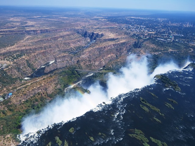 Victoria Falls and the Zambezi from a helicopter, Zimbabwe, May 2016