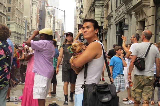 A yorkie and her person, NYC Pride March, 30 June 2013.