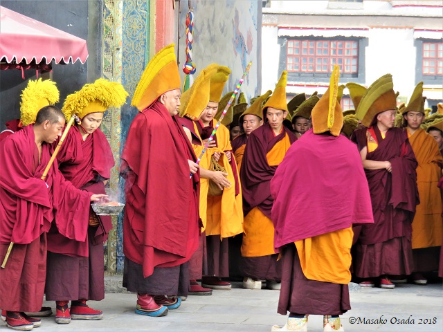 Gelugpa monks. Tashilumbu Monestery, Sigatse, Tibet, September 2018