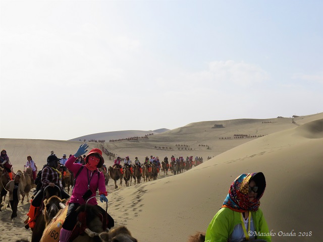 Camel ride. Mingsha Mountain Crescent Spring Resort, Dunhuang, Gansu, September 2018